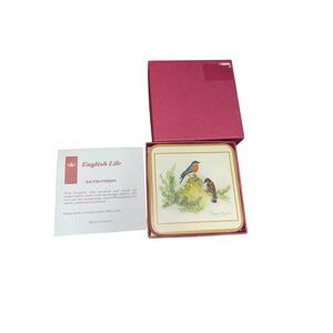 Set Of 6 Vintage English Life Cork Back Coasters Song Birds Satin‎ Finish W/ Box